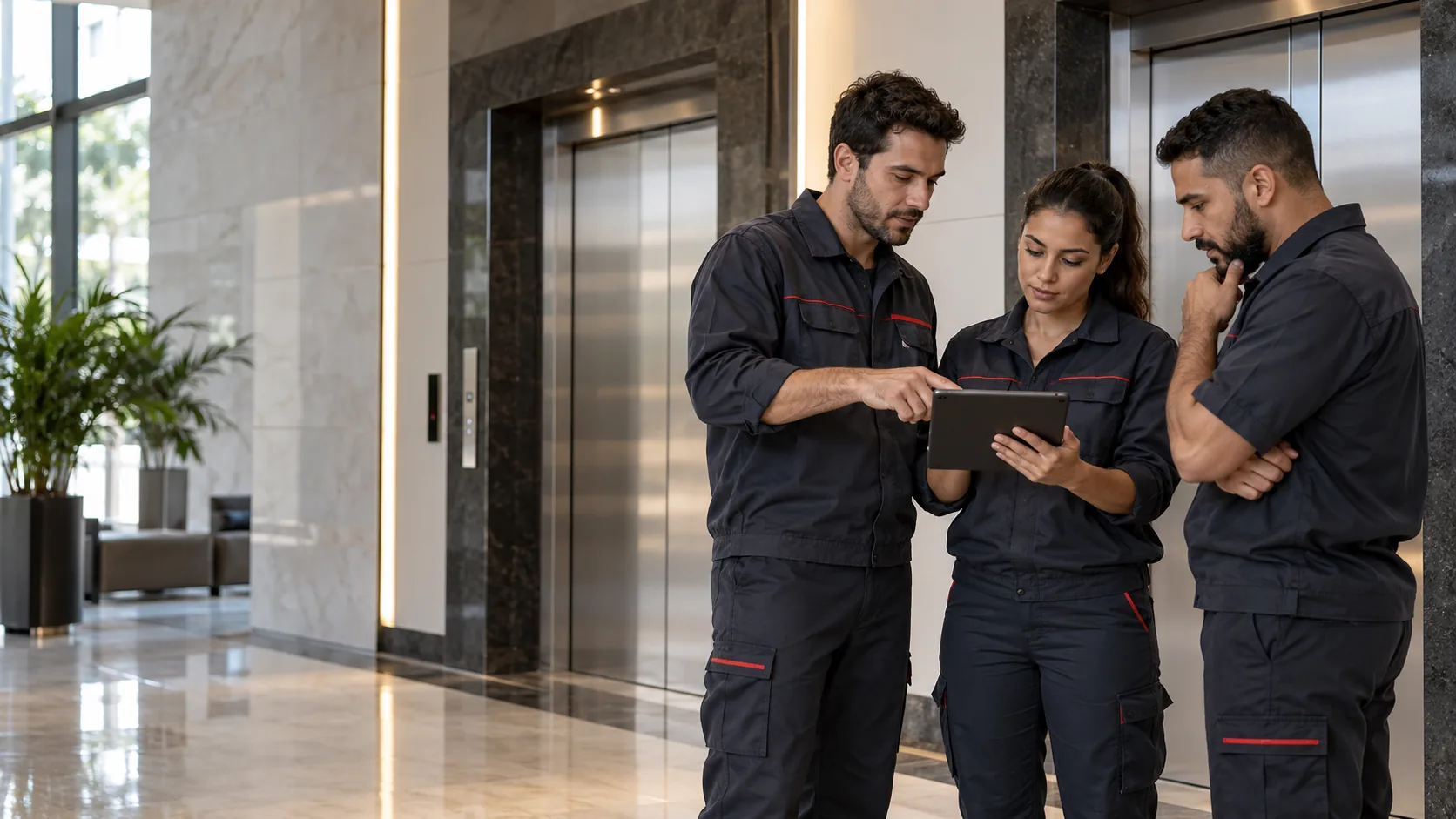 Técnicos uniformizados consultam um tablet em hall de elevadores