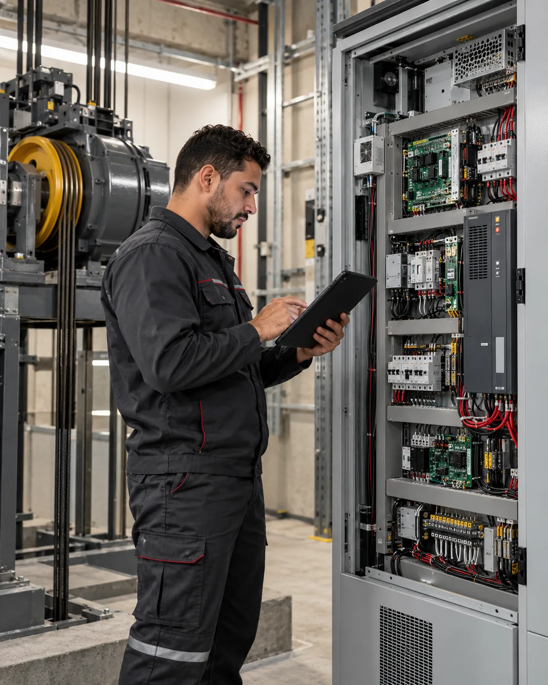 Técnico consulta tablet ao lado do quadro de comando e da máquina de tração